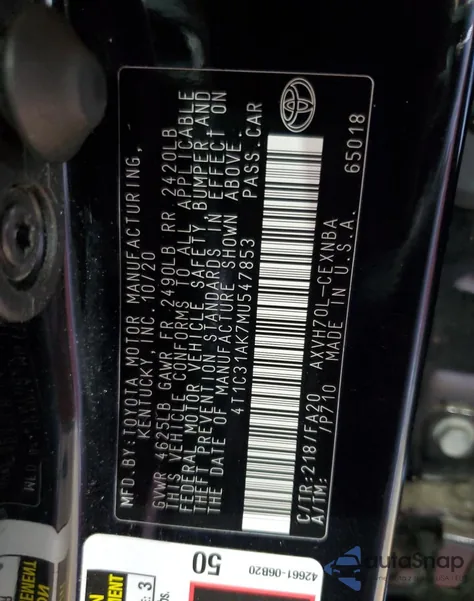 2021 Toyota Camry Le z USA, uszkodzony, nr VIN 4T1C31AK7MU547853